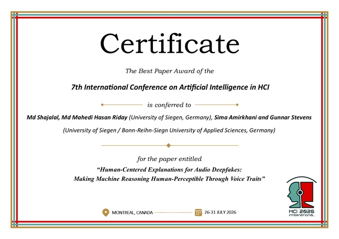 Certificate for best paper award of the 7th International Conference on Artificial Intelligence in HCI. Details in text following the image