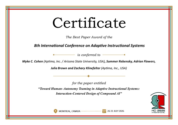 Certificate for best paper award of the 8th International Conference on Adaptive Instructional Systems. Details in text following the image. Certificate for best paper award of the 8th International Conference on Adaptive Instructional Systems. Details in text following the image