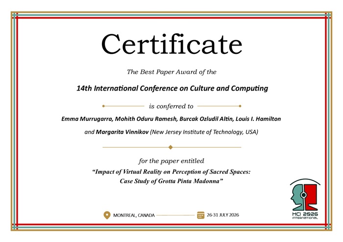 Certificate for best paper award of the 14th International Conference on Culture and Computing. Details in text following the image
