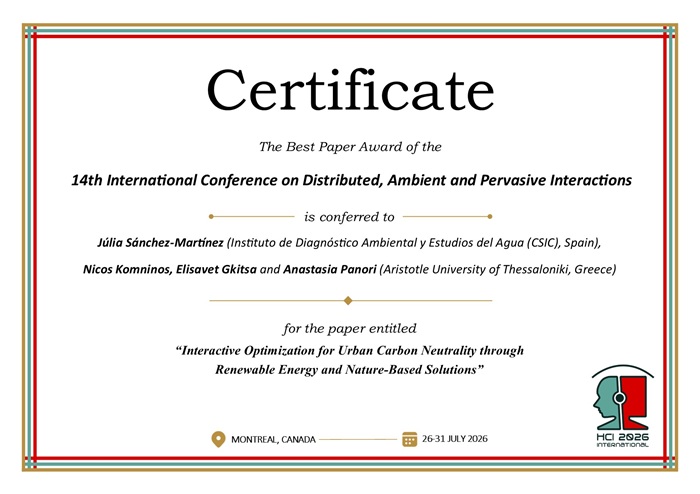 Certificate for best paper award of the 14th International Conference on Distributed, Ambient and Pervasive Interactions . Details in text following the image