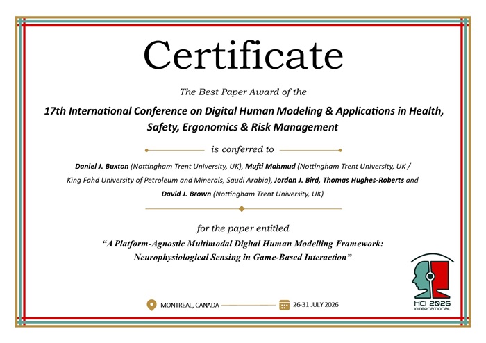 Certificate for best paper award of the 17th International Conference on Digital Human Modeling and Applications in Health, Safety, Ergonomics and Risk Management. Details in text following the image