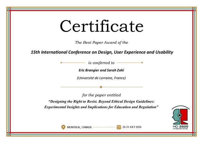 Certificate for best paper award of the 15th International Conference on Design, User Experience, and Usability. Details in text following the image