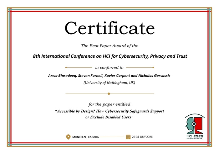 Certificate for best paper award of the 8th International Conference on HCI for Cybersecurity, Privacy and Trust. Details in text following the image