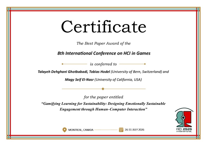 Certificate for best paper award of the 8th International Conference on HCI in Games. Details in text following the image