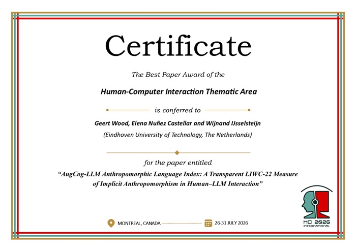 Certificate for best paper award of the  Human-Computer Interaction Thematic Area. Details in text following the image