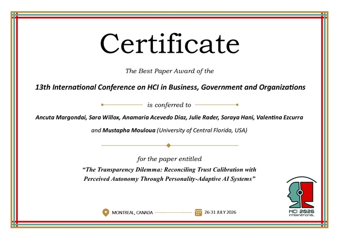 Certificate for best paper award of the 13th International Conference on HCI in Business, Government and Organizations. Details in text following the image