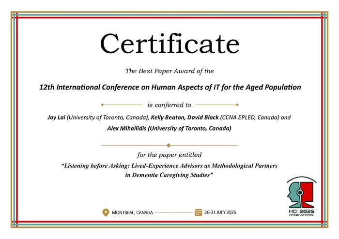 Certificate for best paper award of the 12th International Conference on Human Aspects of IT for the Aged Population. Details in text following the image