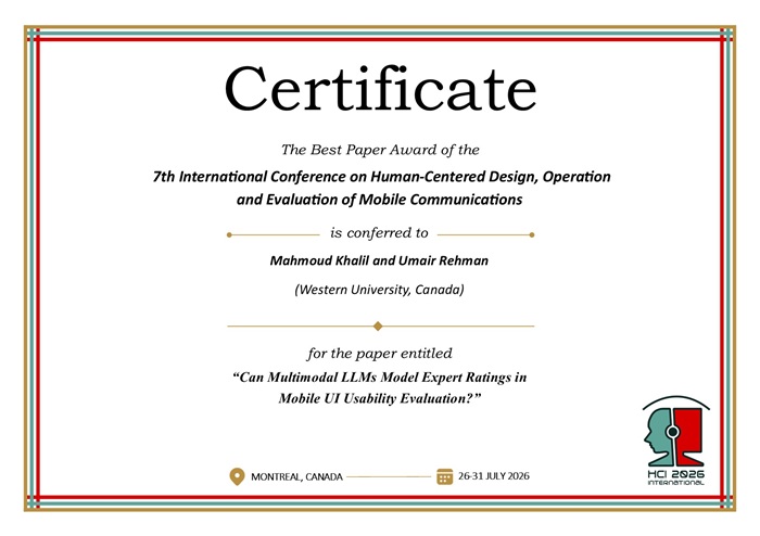 Certificate for best paper award of the 7th International Conference on Human-Centered Design, Operation and Evaluation of Mobile Communications. Details in text following the image