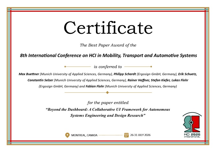 Certificate for best paper award of the 8th International Conference on HCI in Mobility, Transport and Automotive Systems. Details in text following the image