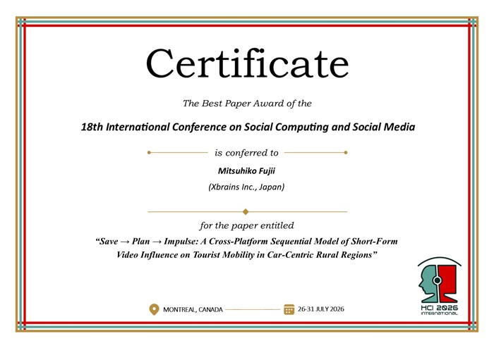 Certificate for best paper award of the 18th International Conference on Social Computing and Social Media. Details in text following the image. Certificate for best paper award of the 18th International Conference on Social Computing and Social Media. Details in text following the image