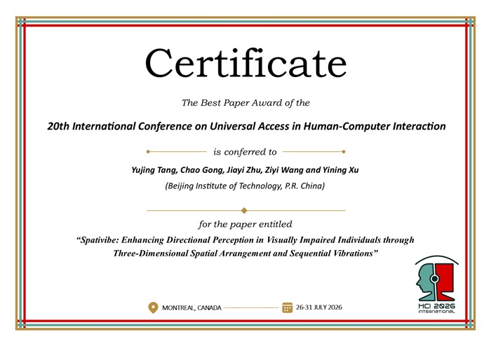 Certificate for best paper award of the 20th International Conference on Universal Access in Human-Computer Interaction. Details in text following the image