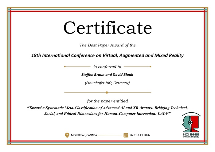 Certificate for best paper award of the 18th International Conference on Virtual, Augmented and Mixed Reality . Details in text following the image