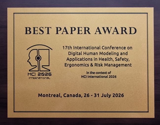 Digital Human Modeling and Applications in Health, Safety, Ergonomics and Risk Management Best Paper Award. Details in text following the image.