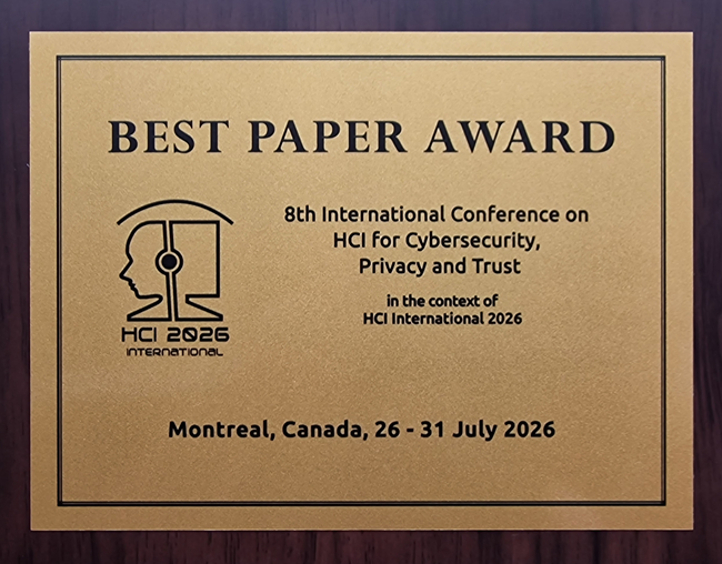 HCI for Cybersecurity, Privacy and Trust Best Paper Award. Details in text following the image.