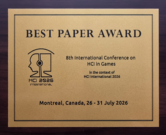 HCI in Games Best Paper Award. Details in text following the image.
