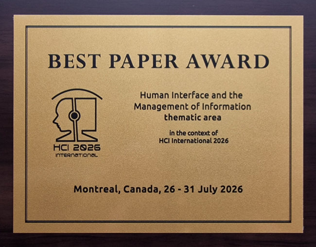 Human Interface and the Management of Information Best Paper Award. Details in text following the image.