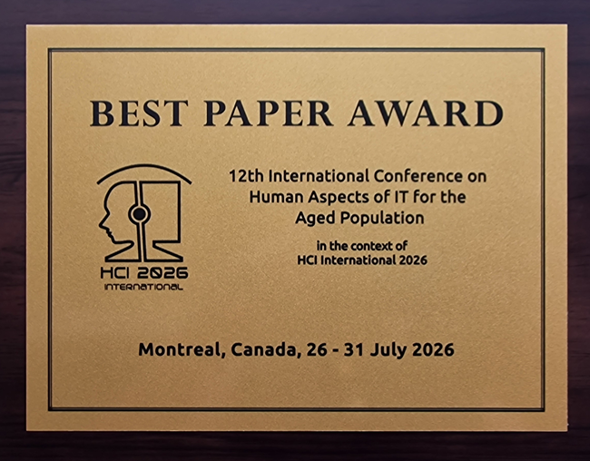 Human Aspects of IT for the Aged Population Best Paper Award. Details in text following the image.