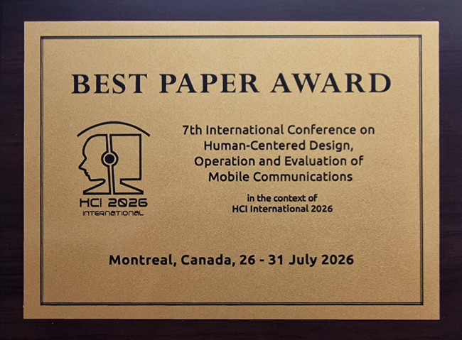 Human-Centered Design, Operation and Evaluation of Mobile Communications Best Paper Award. Details in text following the image.