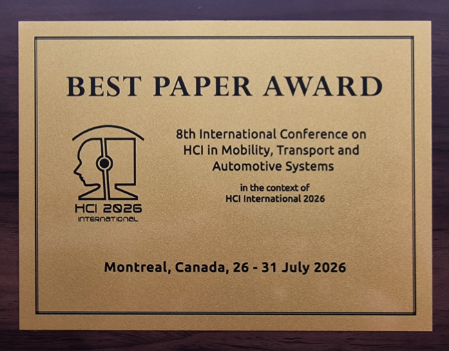 HCI in Mobility, Transport and Automotive Systems Best Paper Award. Details in text following the image.