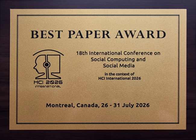 Social Computing and Social Media Best Paper Award. Details in text following the image. Social Computing and Social Media Best Paper Award. Details in text following the image.